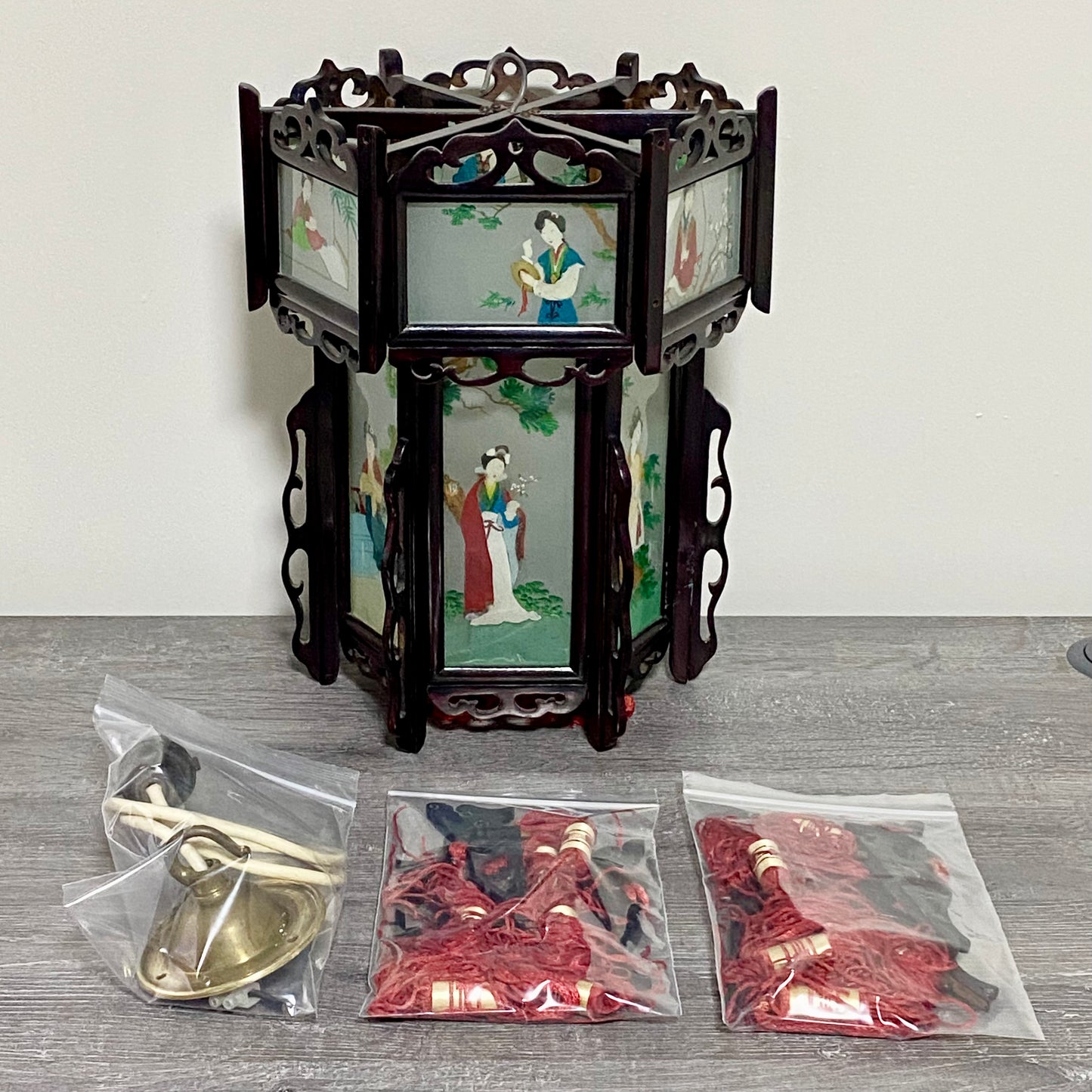 Antique Chinese Zitan Carved Wood Reverse Hand Painted Lady Figure Glass Lantern