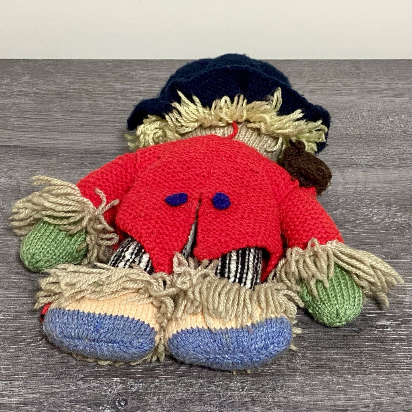 Vintage Hand Knitted Scarecrow Doll Collectible Soft Toy With Bird On Shoulder