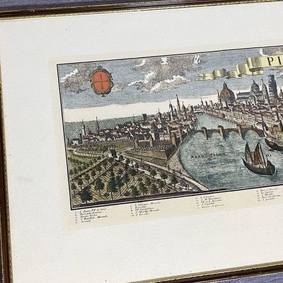 Antique City Of Italy Map PISA Panoramic Engraving Mid 18th Century c1737 Framed
