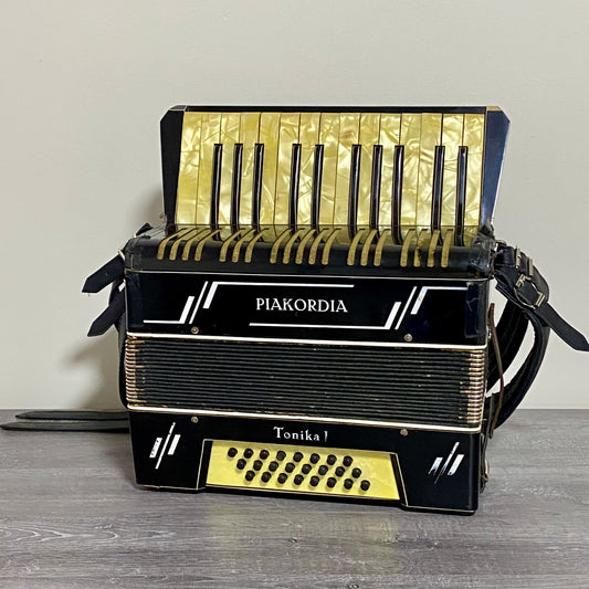 Antique Vintage Piakordia Tonika II Accordion Black With Yellow Marble Keys Rare