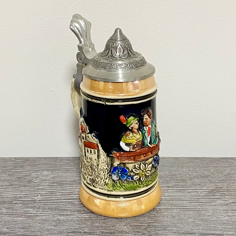 Vintage Small West German Ceramic Beer Stein With Lid Hand Painted Art Deco Jug