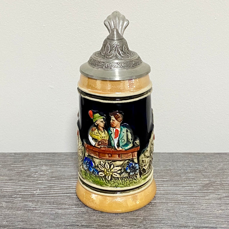 Vintage Small West German Ceramic Beer Stein With Lid Hand Painted Art Deco Jug