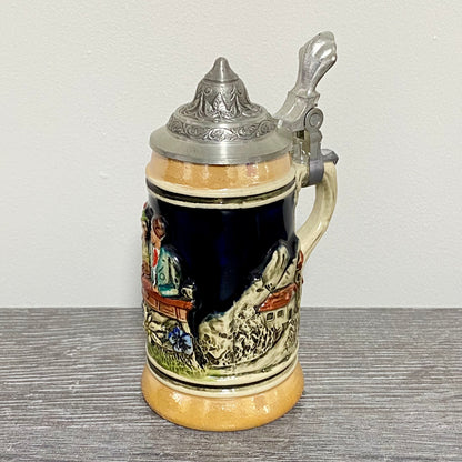 Vintage Small Ceramic Beer Stein With Pewter Lid Hand Painted Collectible Mug