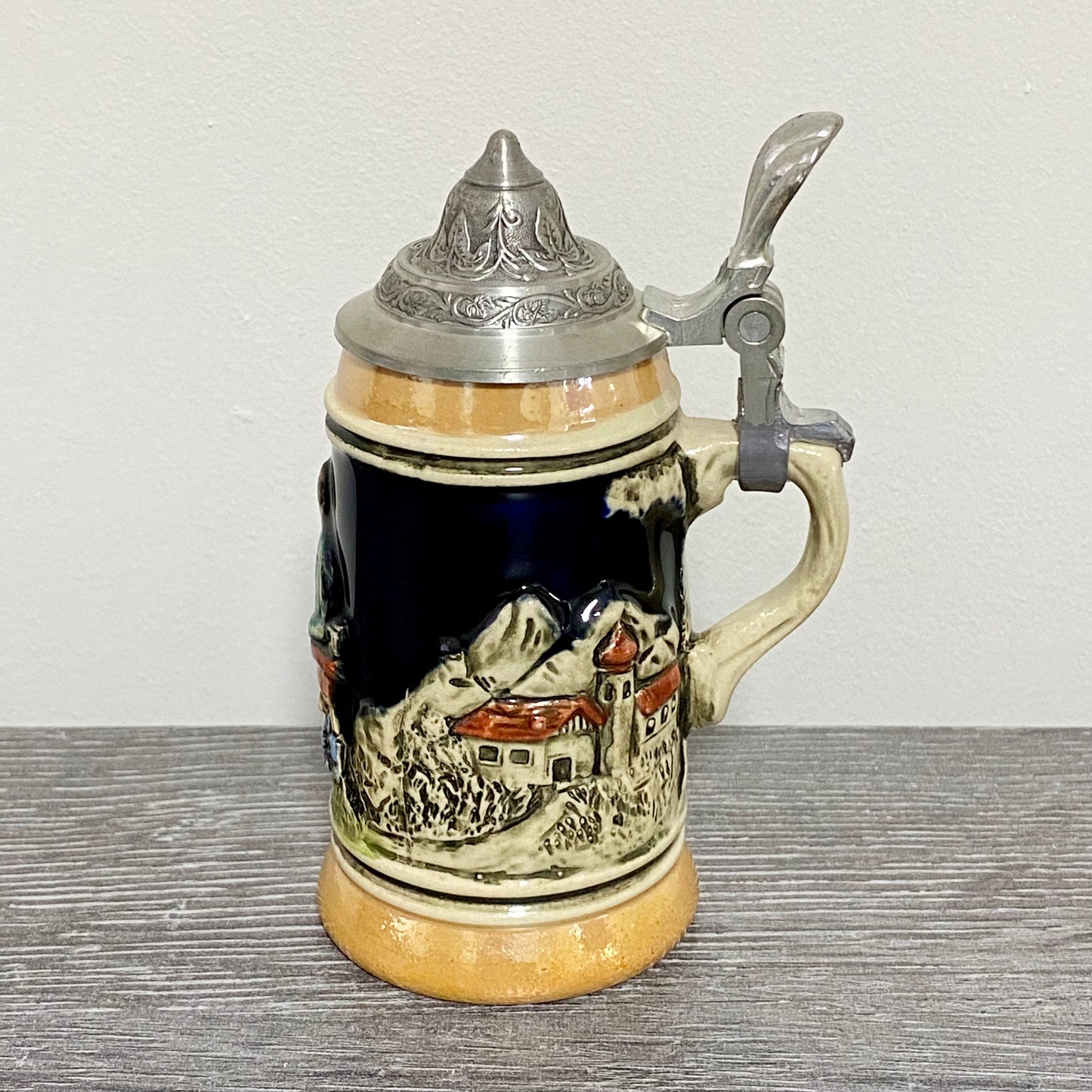 Vintage Small Ceramic Beer Stein With Pewter Lid Hand Painted Collectible Mug