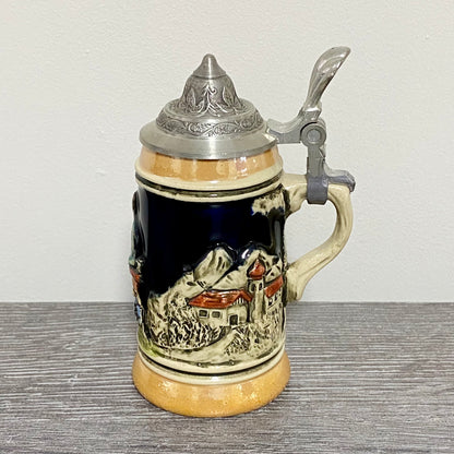 Vintage Small Ceramic Beer Stein With Pewter Lid Hand Painted Collectible Mug