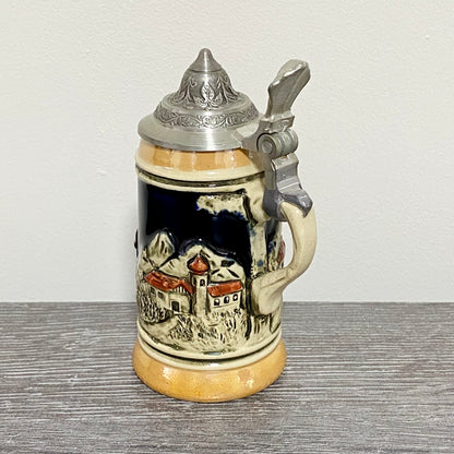 Vintage Small Ceramic Beer Stein With Pewter Lid Hand Painted Collectible Mug