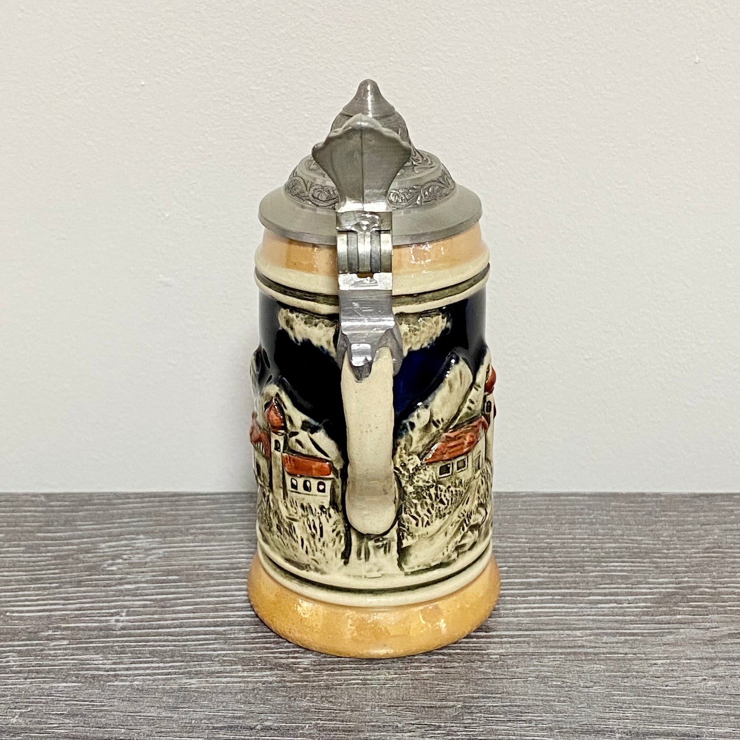 Vintage Small Ceramic Beer Stein With Pewter Lid Hand Painted Collectible Mug