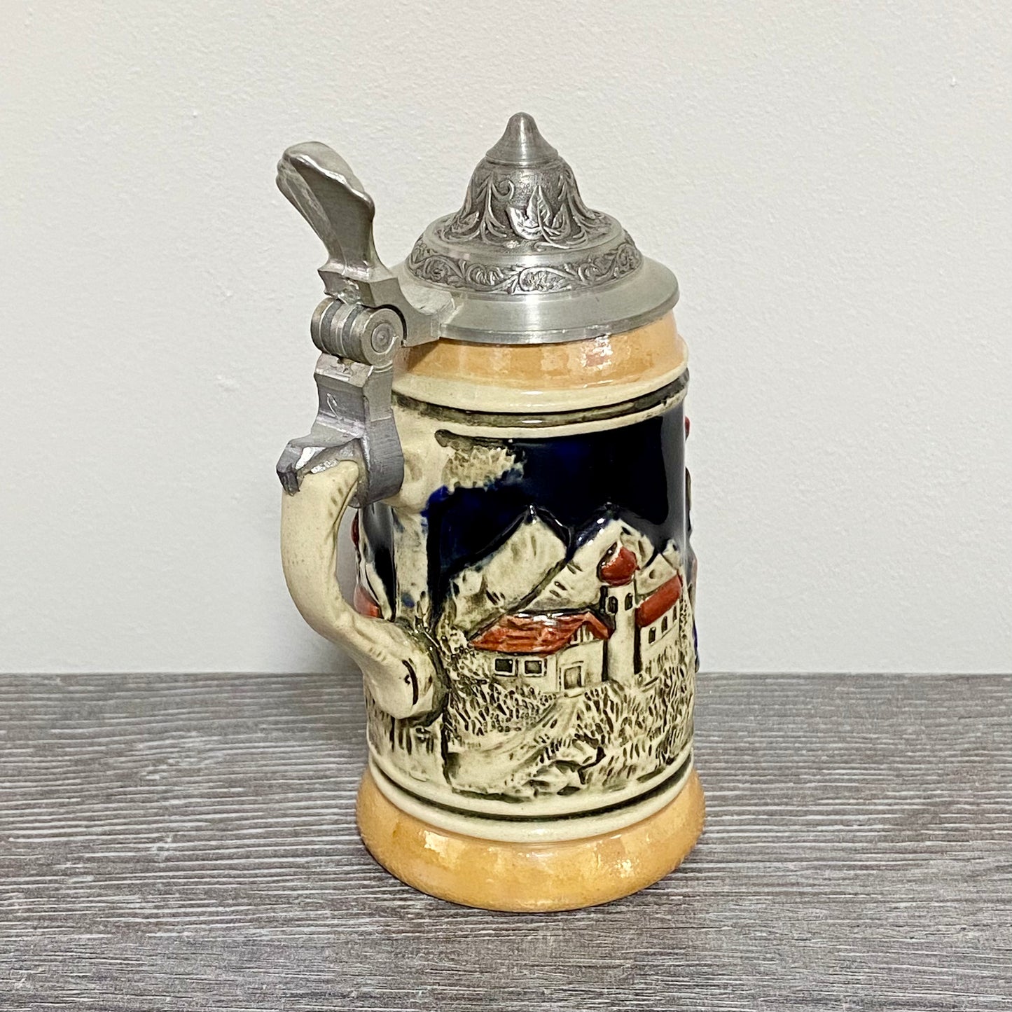 Vintage Small Ceramic Beer Stein With Pewter Lid Hand Painted Collectible Mug
