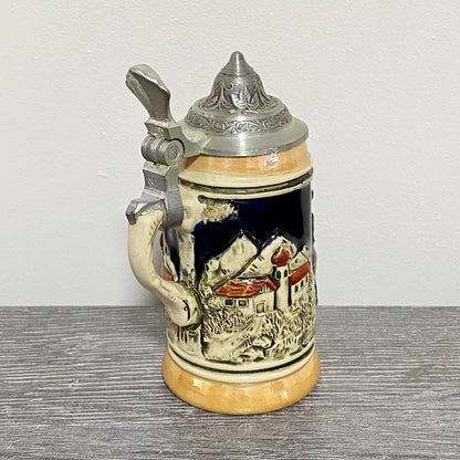 Vintage Small Ceramic Beer Stein With Pewter Lid Hand Painted Collectible Mug