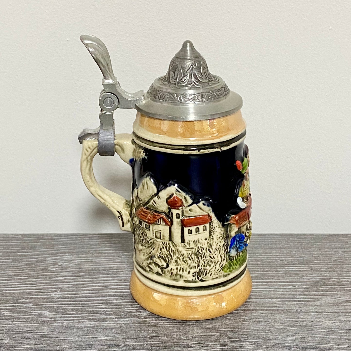 Vintage Small Ceramic Beer Stein With Pewter Lid Hand Painted Collectible Mug