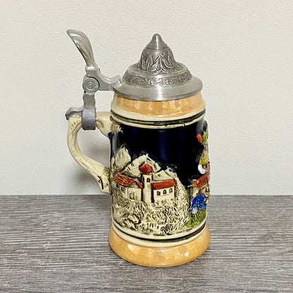 Vintage Small Ceramic Beer Stein With Pewter Lid Hand Painted Collectible Mug