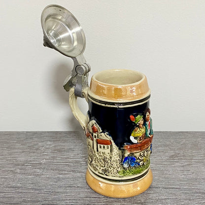 Vintage Small Ceramic Beer Stein With Pewter Lid Hand Painted Collectible Mug