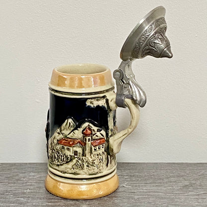 Vintage Small Ceramic Beer Stein With Pewter Lid Hand Painted Collectible Mug