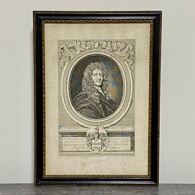 Antique Sir Paul Rycaut Portrait Engraving Wall Hanging Framed Art 1700s Rare