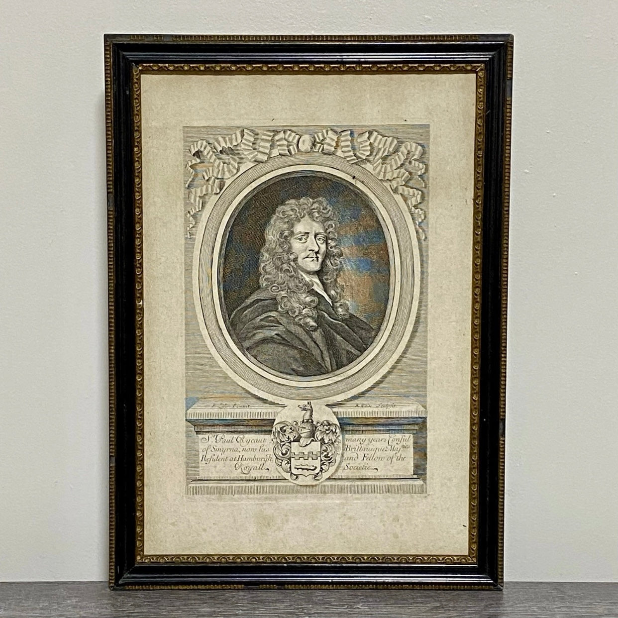 Antique Sir Paul Rycaut Portrait Engraving Wall Hanging Framed Art 1700s Rare