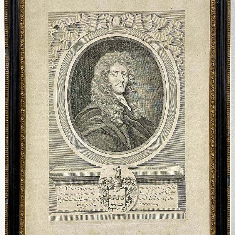 Antique Sir Paul Rycaut Portrait Engraving Wall Hanging Framed Art 1700s Rare