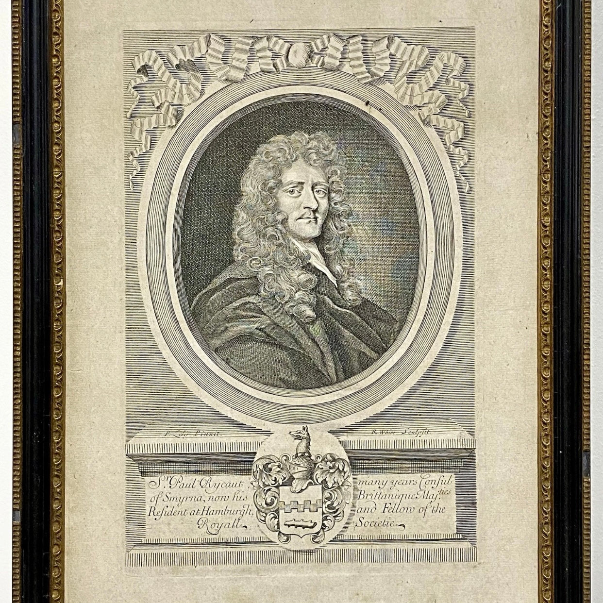 Antique Sir Paul Rycaut Portrait Engraving Wall Hanging Framed Art 1700s Rare