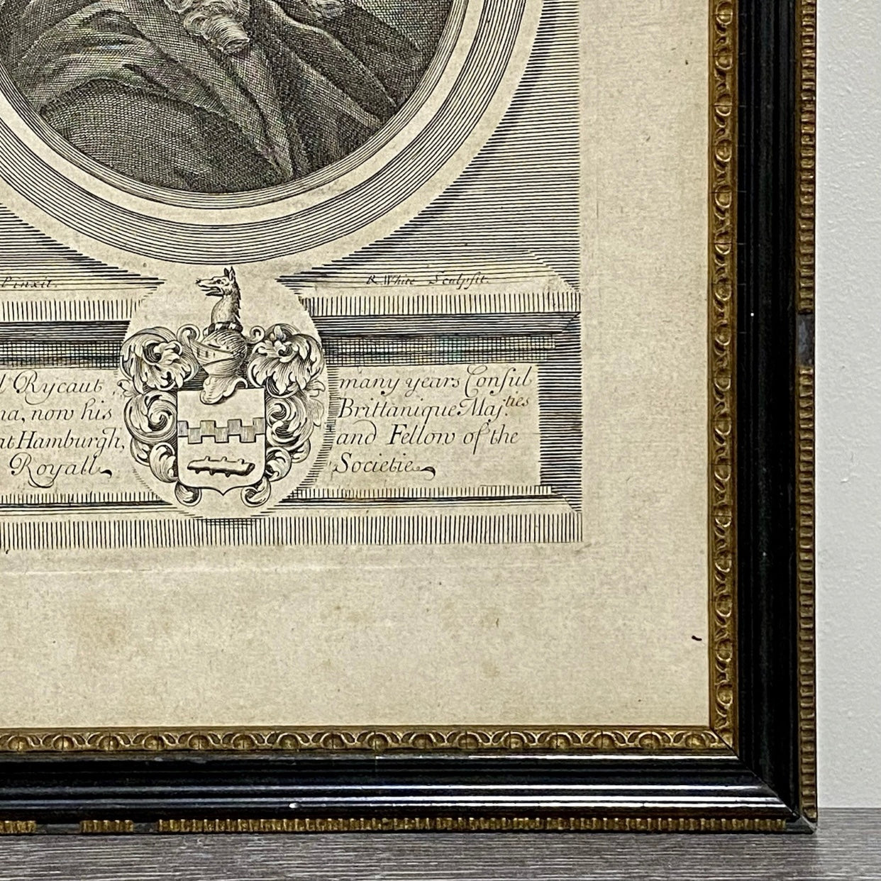 Antique Sir Paul Rycaut Portrait Engraving Wall Hanging Framed Art 1700s Rare