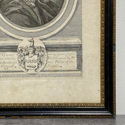 Antique Sir Paul Rycaut Portrait Engraving Wall Hanging Framed Art 1700s Rare