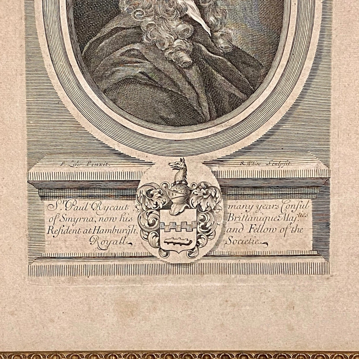 Antique Sir Paul Rycaut Portrait Engraving Wall Hanging Framed Art 1700s Rare