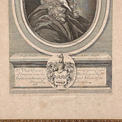 Antique Sir Paul Rycaut Portrait Engraving Wall Hanging Framed Art 1700s Rare