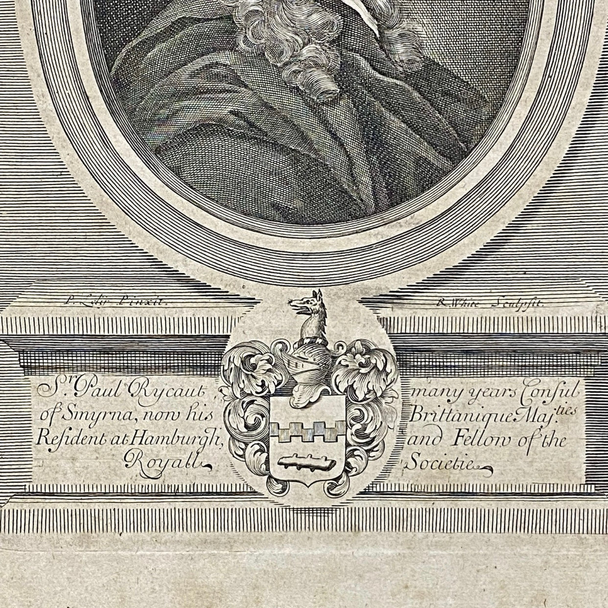 Antique Sir Paul Rycaut Portrait Engraving Wall Hanging Framed Art 1700s Rare