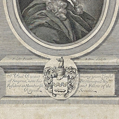 Antique Sir Paul Rycaut Portrait Engraving Wall Hanging Framed Art 1700s Rare