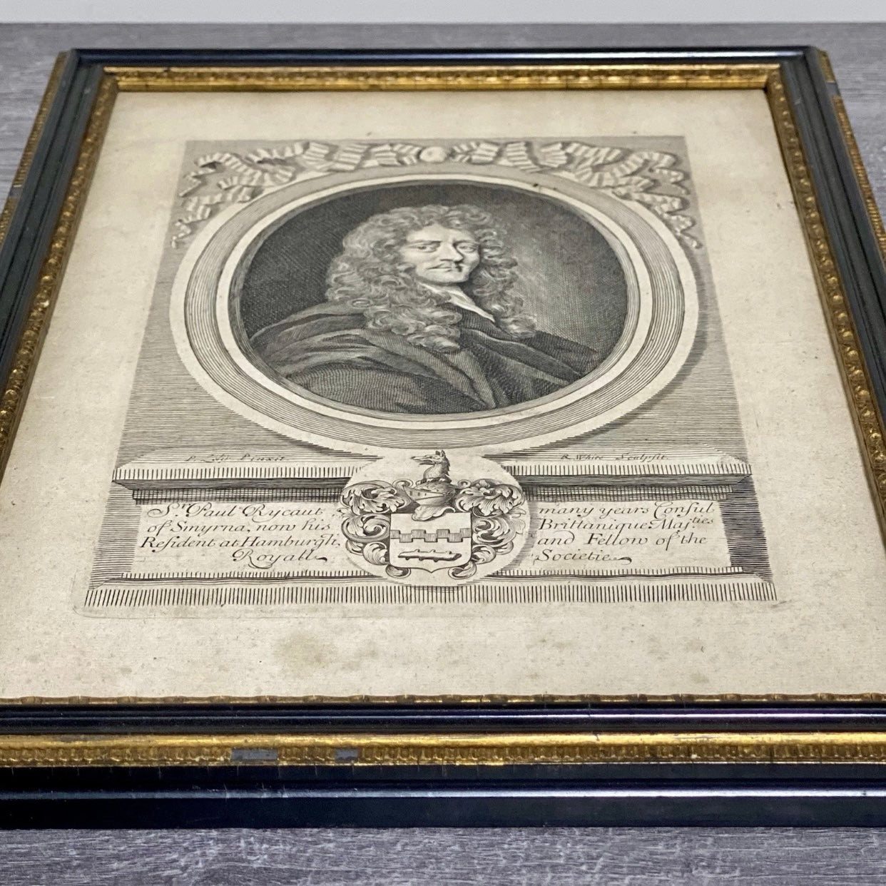 Antique Sir Paul Rycaut Portrait Engraving Wall Hanging Framed Art 1700s Rare