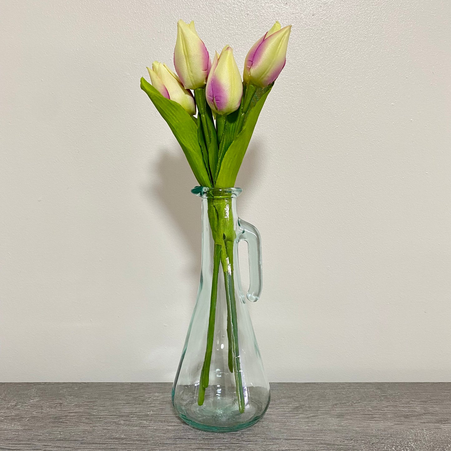 Vintage Clear Vetreria Etrusca Glass Jug With Handle & Artificial Flowers Italy