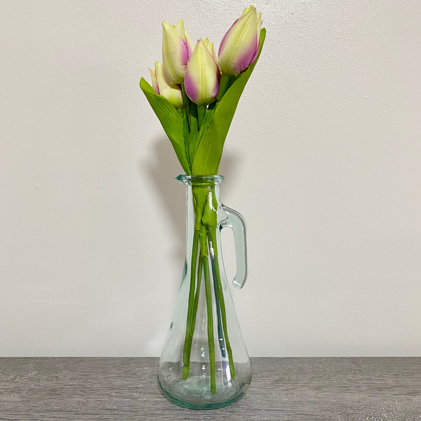 Vintage Clear Vetreria Etrusca Glass Jug With Handle & Artificial Flowers Italy