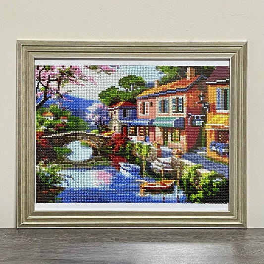 Completed Diamond Art Picture Painting Lakeside River Houses Scenery Boat Framed