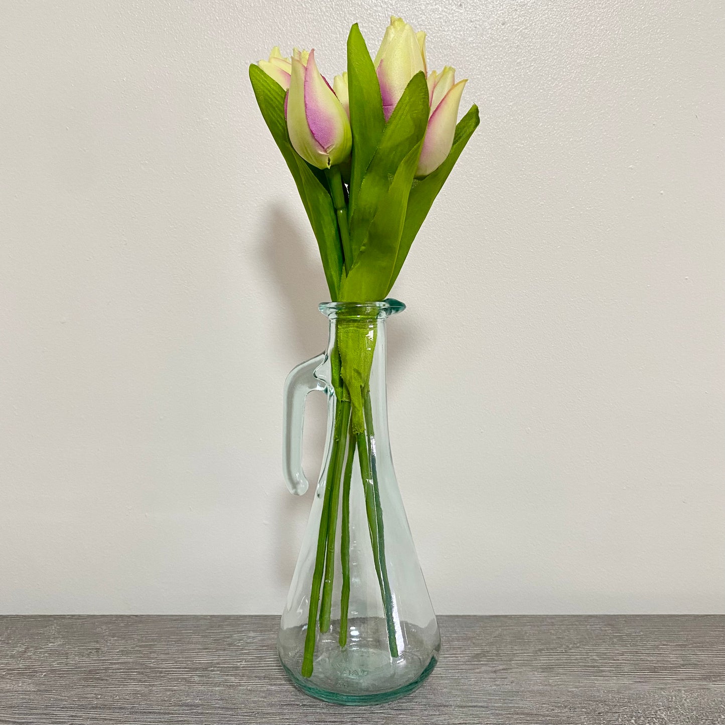 Vintage Clear Vetreria Etrusca Glass Jug With Handle & Artificial Flowers Italy