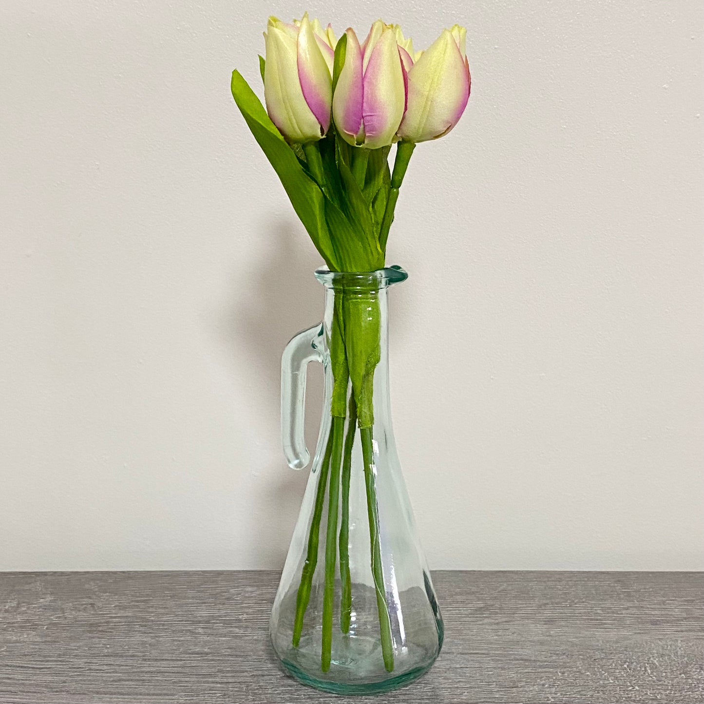 Vintage Clear Vetreria Etrusca Glass Jug With Handle & Artificial Flowers Italy