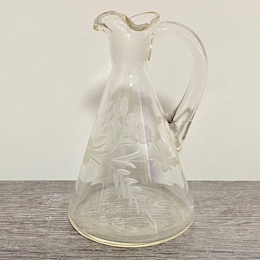Vintage Oil Or Vinegar Glass Cruet With Etched Floral Pattern Art Decorative Jug