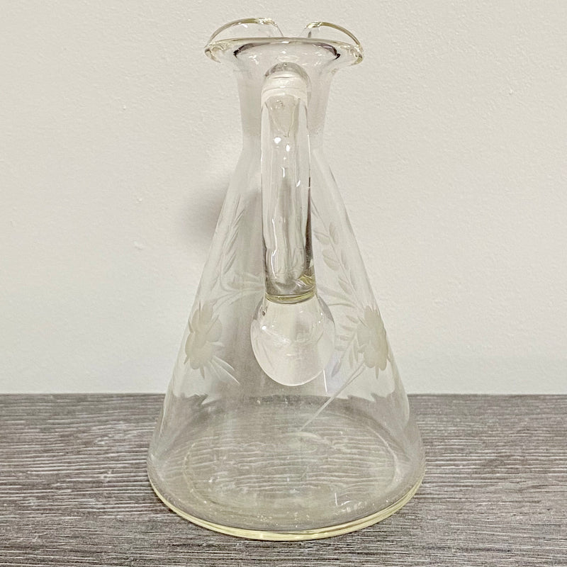 Vintage Oil Or Vinegar Glass Cruet With Etched Floral Pattern Art Decorative Jug