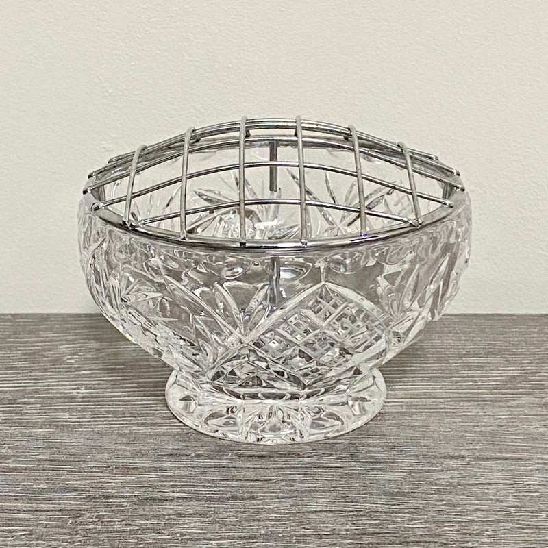 Vintage Bohemia Lead Glass Heavy Flower Rose Vase Bowl With Removable Metal Grid