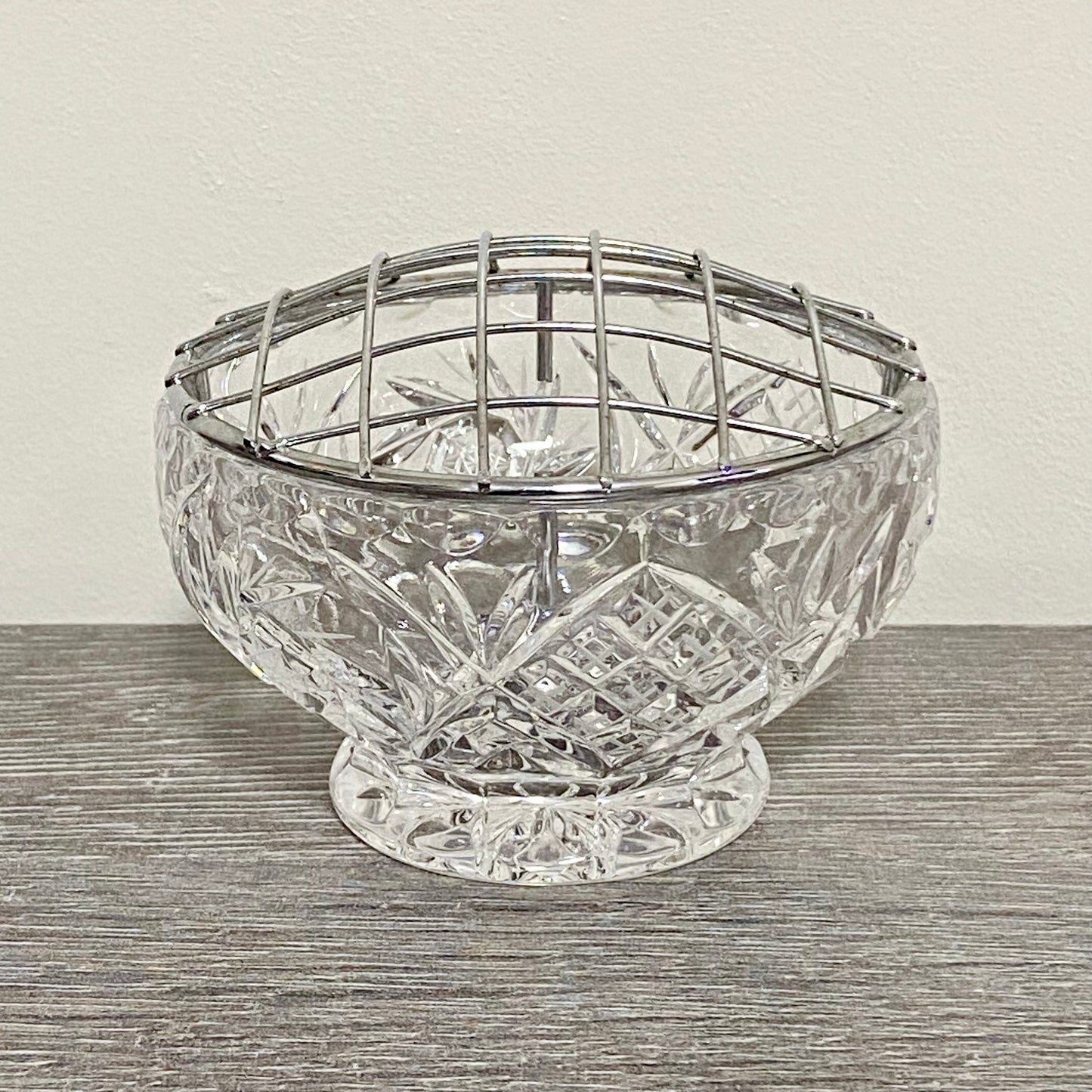 Vintage Bohemia Lead Glass Heavy Flower Rose Vase Bowl With Removable Metal Grid