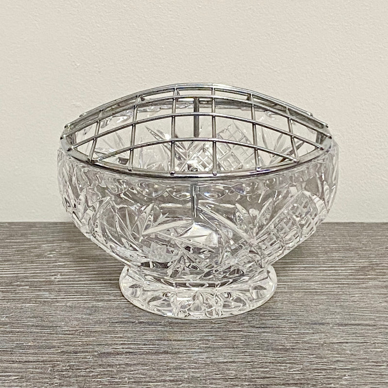 Vintage Bohemia Lead Glass Heavy Flower Rose Vase Bowl With Removable Metal Grid