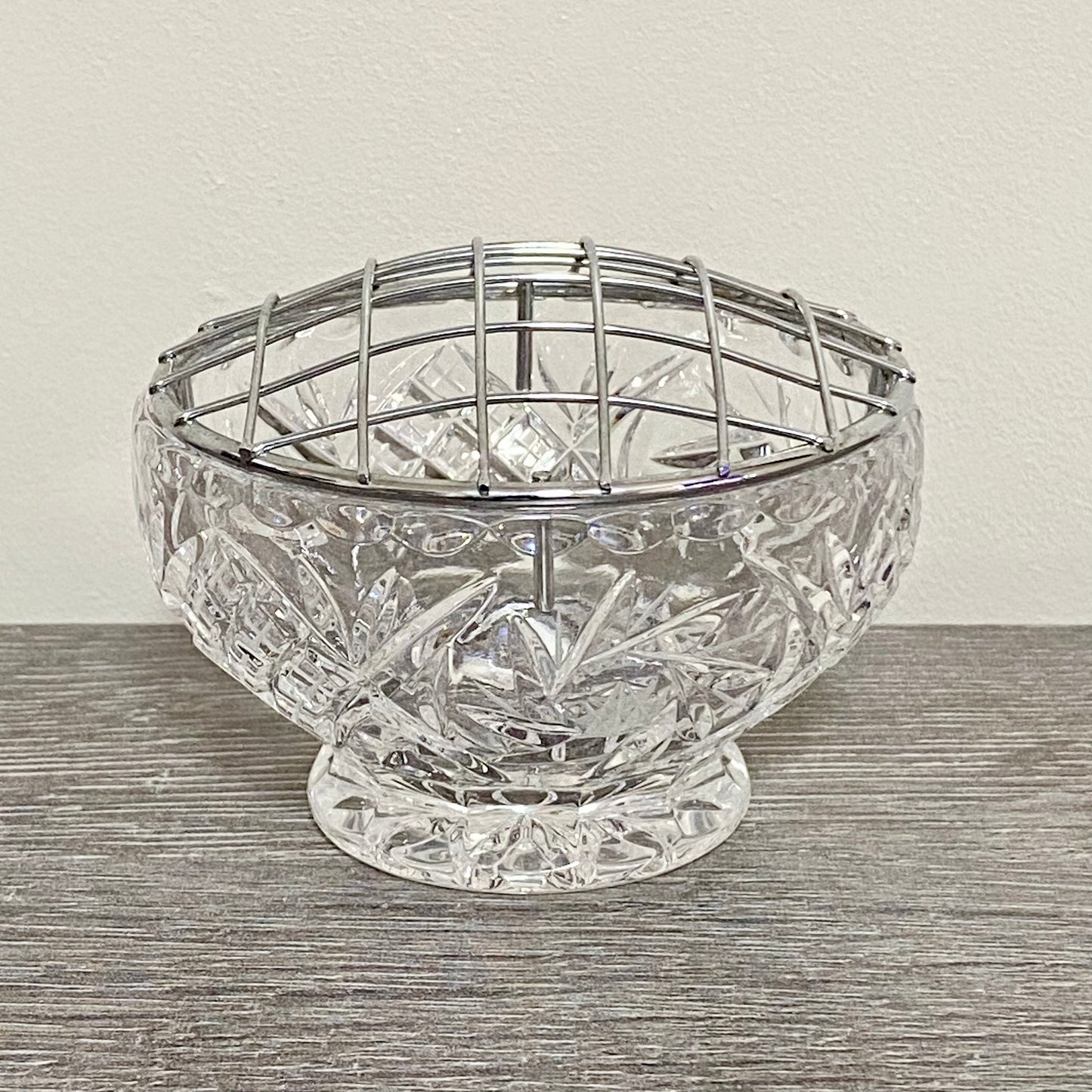 Vintage Bohemia Lead Glass Heavy Flower Rose Vase Bowl With Removable Metal Grid