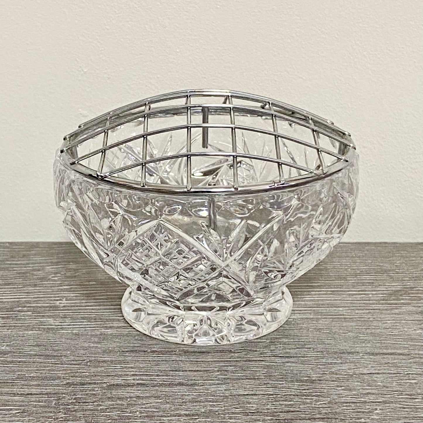 Vintage Bohemia Lead Glass Heavy Flower Rose Vase Bowl With Removable Metal Grid