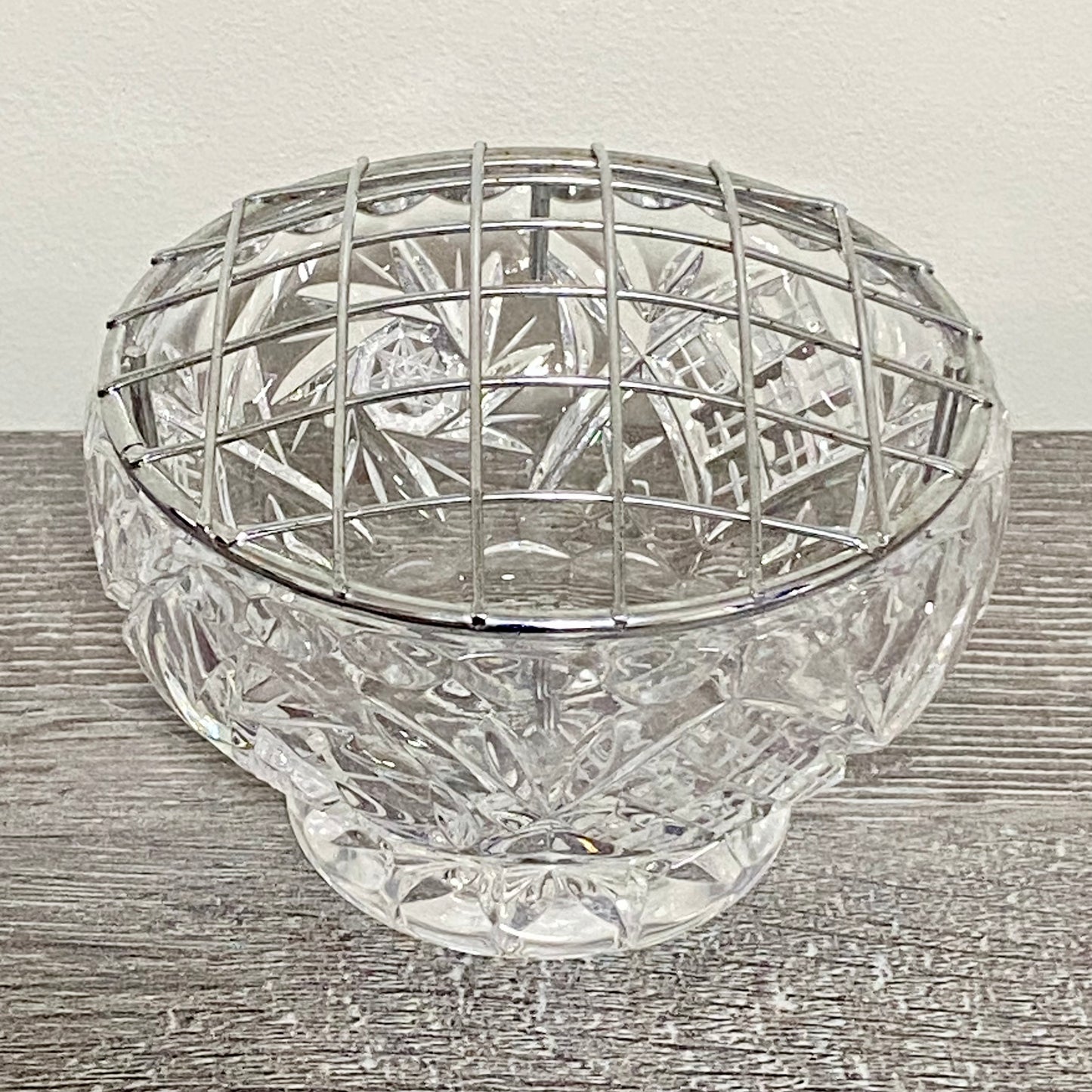 Vintage Bohemia Lead Glass Heavy Flower Rose Vase Bowl With Removable Metal Grid
