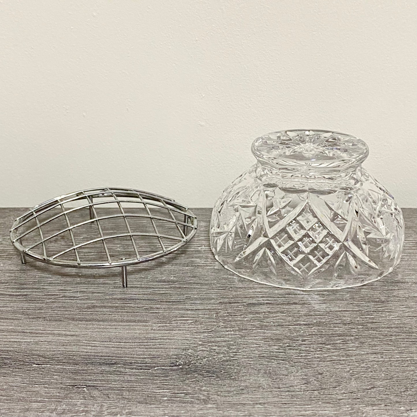 Vintage Bohemia Lead Glass Heavy Flower Rose Vase Bowl With Removable Metal Grid