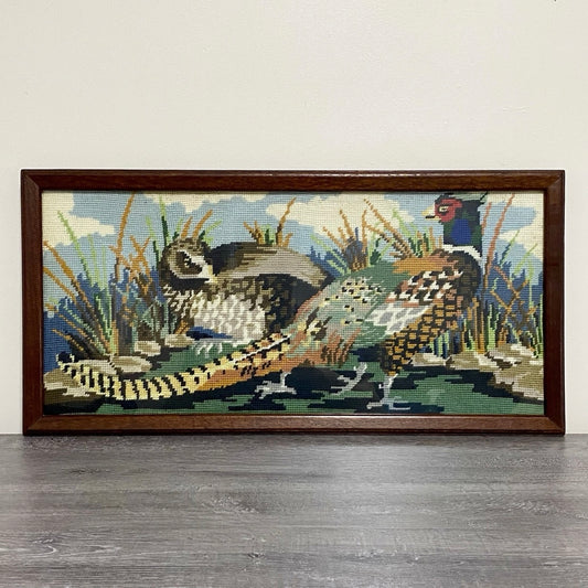 Vintage Pheasant Game Birds Tapestry Needlepoint Framed Heavy Wall Hanging Rare