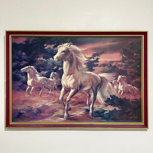 Vintage White Stallion In Moonlight Horse Print Signed Lumen Winter Framed Rare
