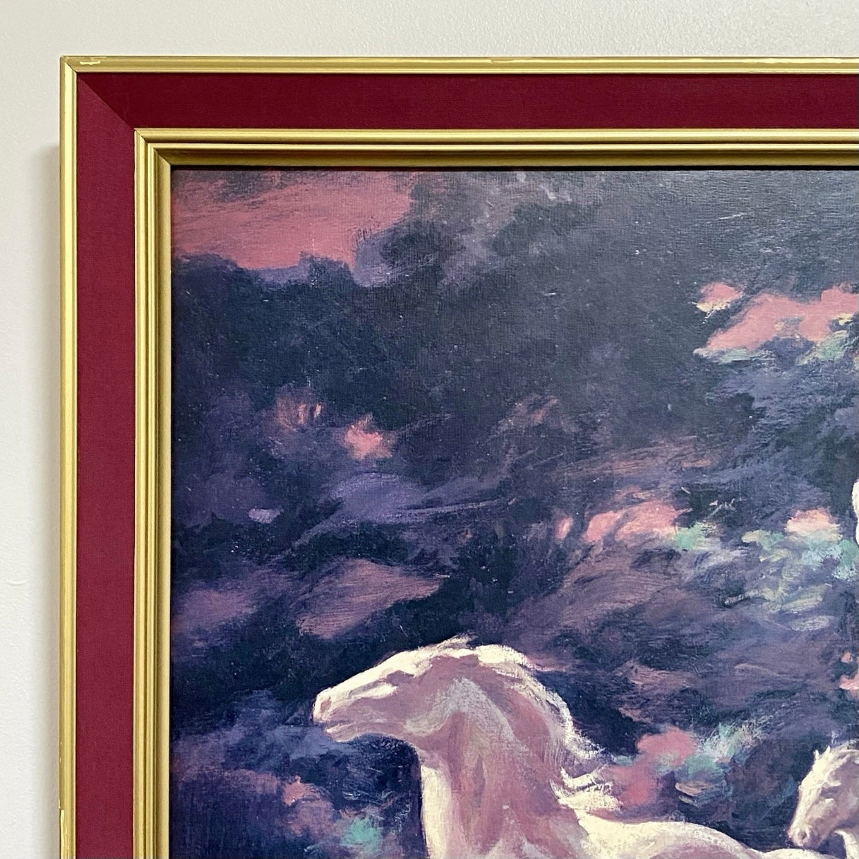 Vintage White Stallion In Moonlight Horse Print Signed Lumen Winter Framed Rare