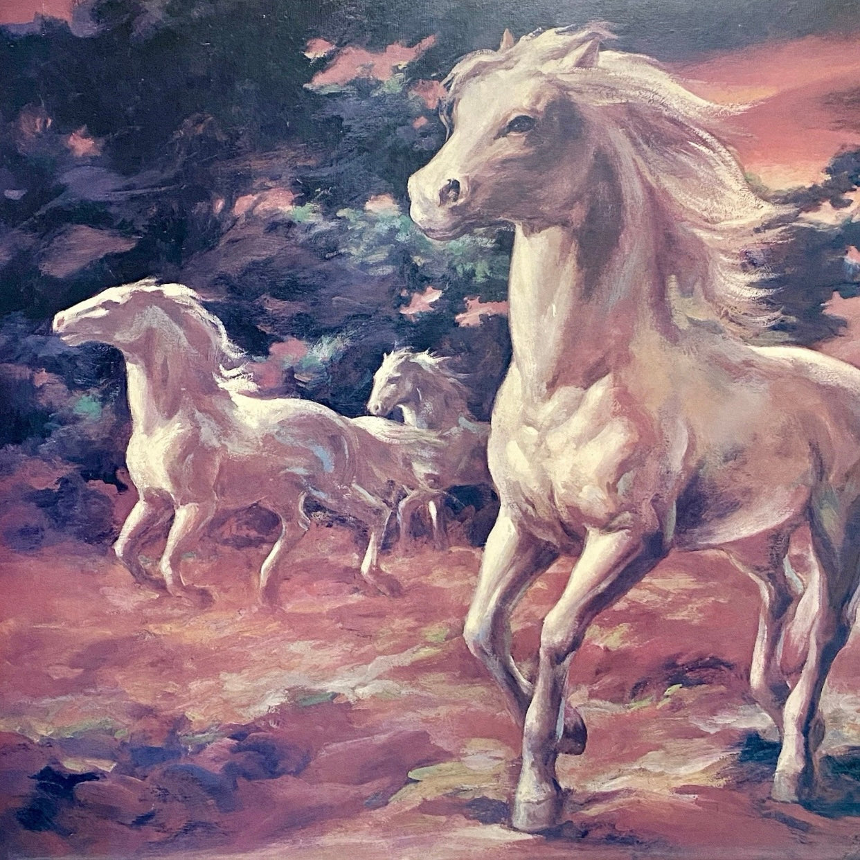 Vintage White Stallion In Moonlight Horse Print Signed Lumen Winter Framed Rare