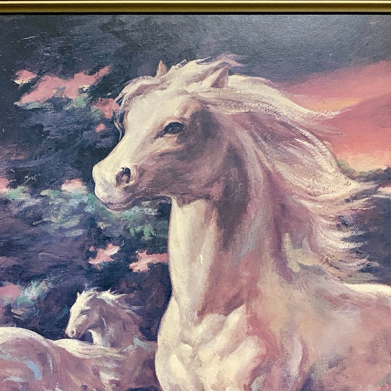 Vintage White Stallion In Moonlight Horse Print Signed Lumen Winter Framed Rare