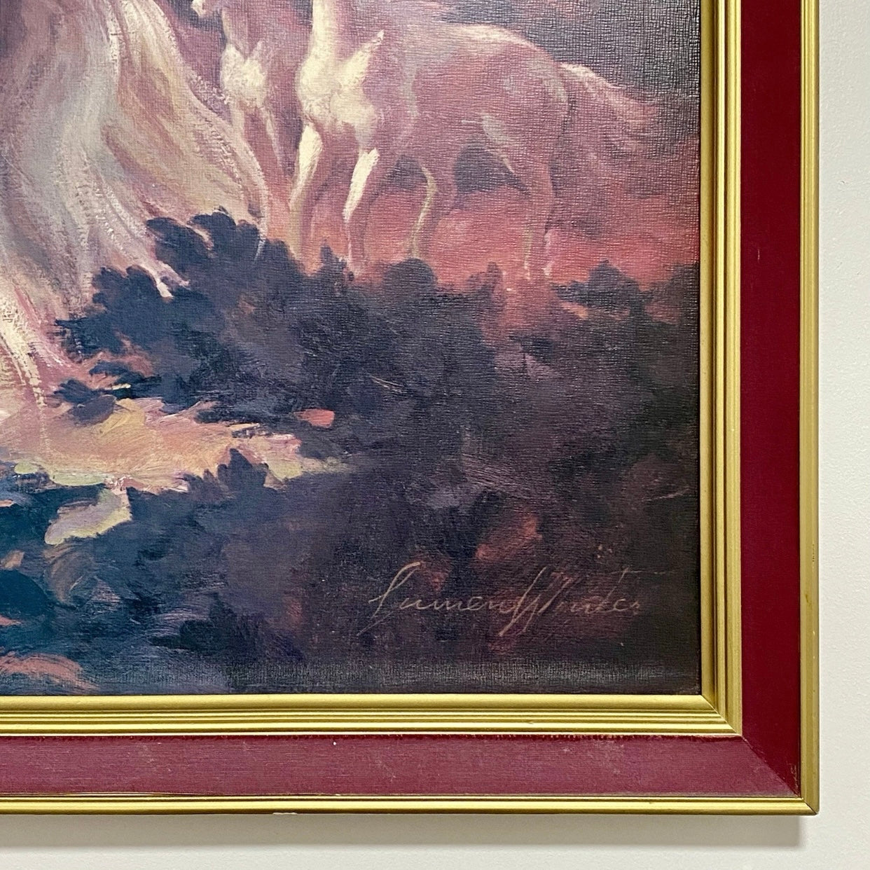 Vintage White Stallion In Moonlight Horse Print Signed Lumen Winter Framed Rare