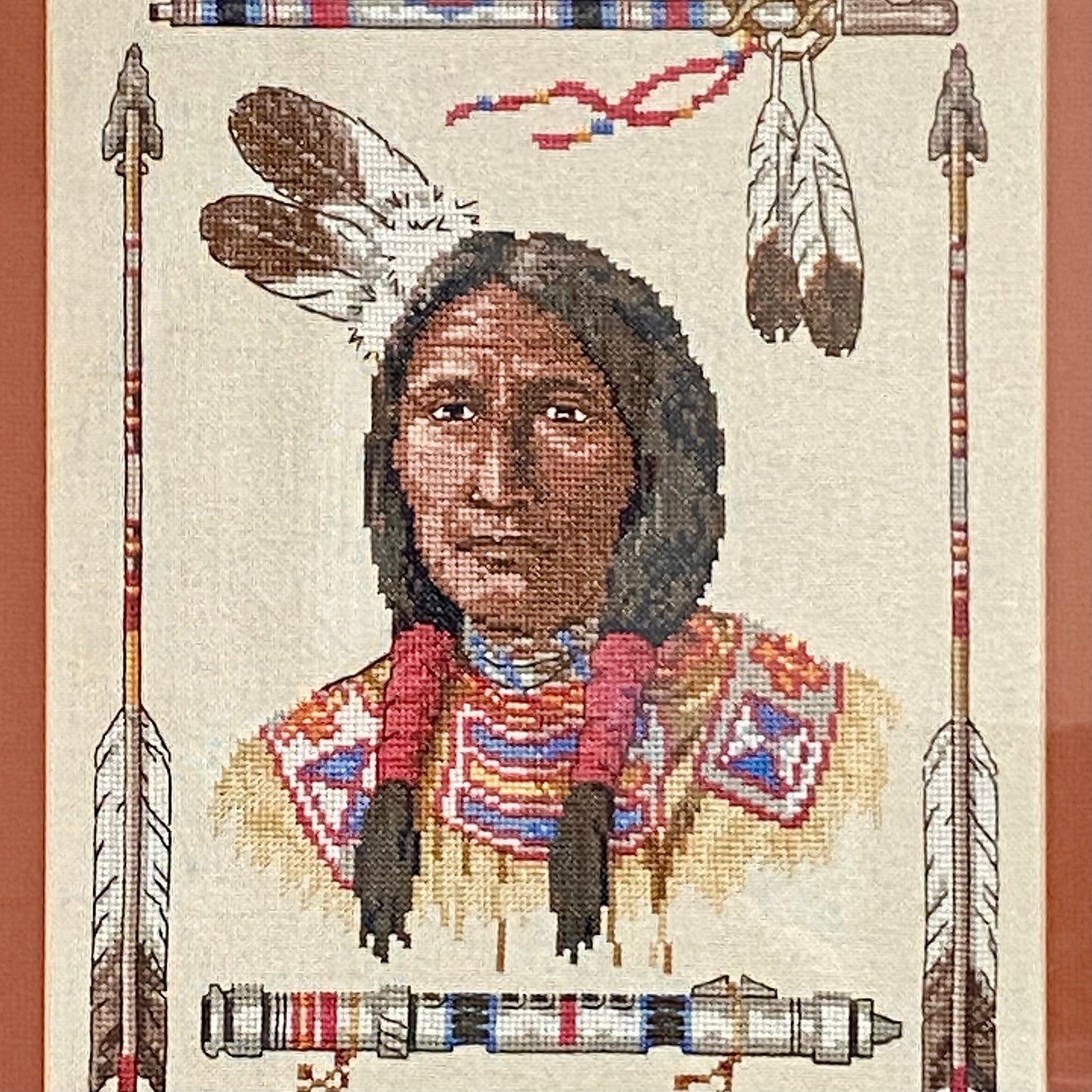 Vintage Native American Chief Cross Stitch Needlepoint Wall Art Framed Rare
