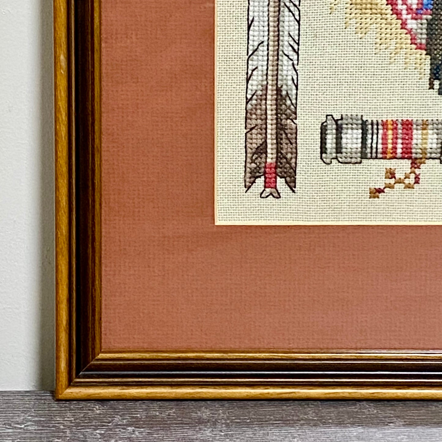 Vintage Native American Chief Cross Stitch Needlepoint Wall Art Framed Rare